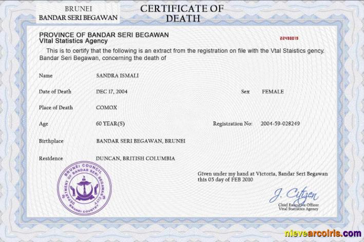 Brunei vital record death certificate